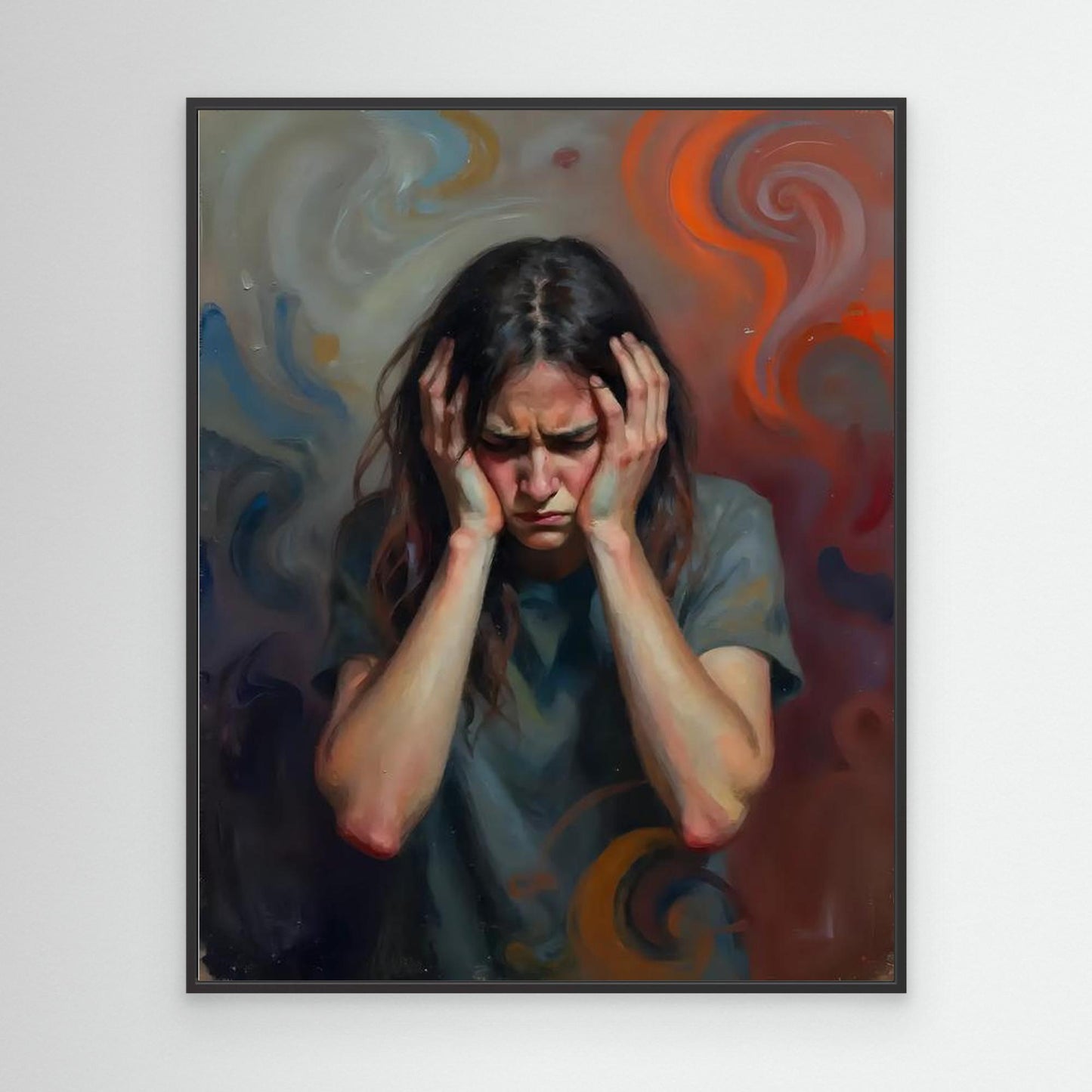 Black-framed wall art portrait painting of a woman holding her head, dark hair and swirls.