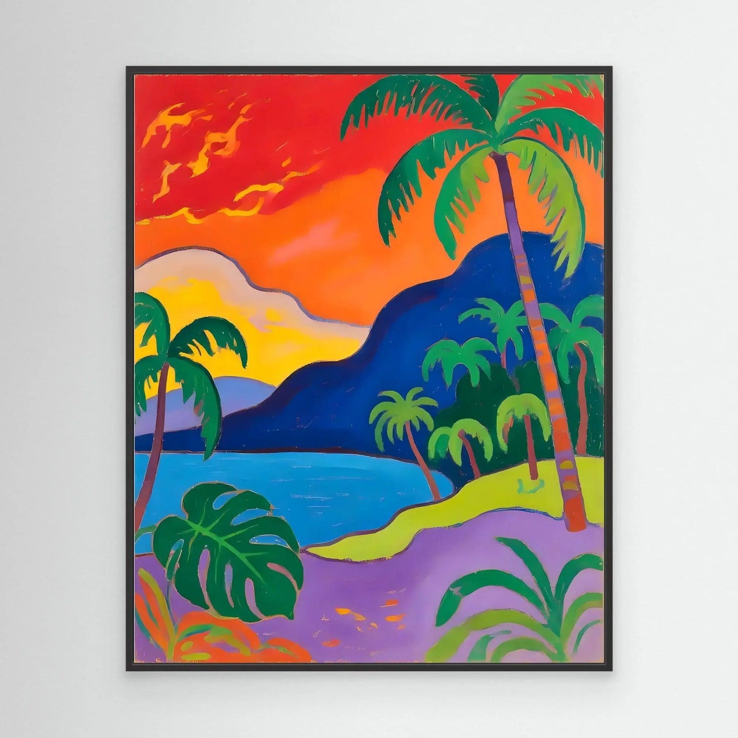 Framed tropical beach sunset artwork with palm trees, deep blue ocean, and green foliage.