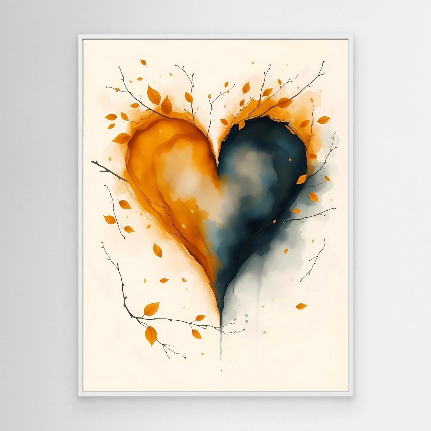 White-framed canvas wall art with blue-and-orange watercolor heart and leaf sprigs
