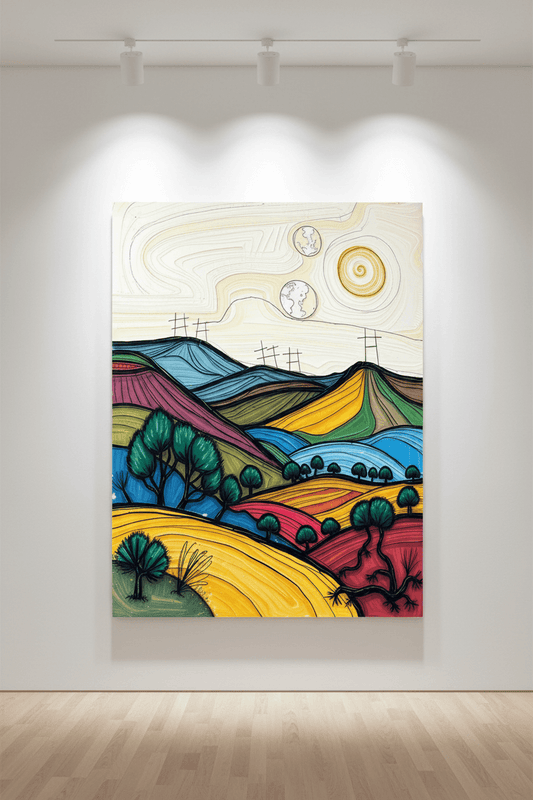 Framed abstract landscape print with multicolor hills, rivers, and swirling globe motifs