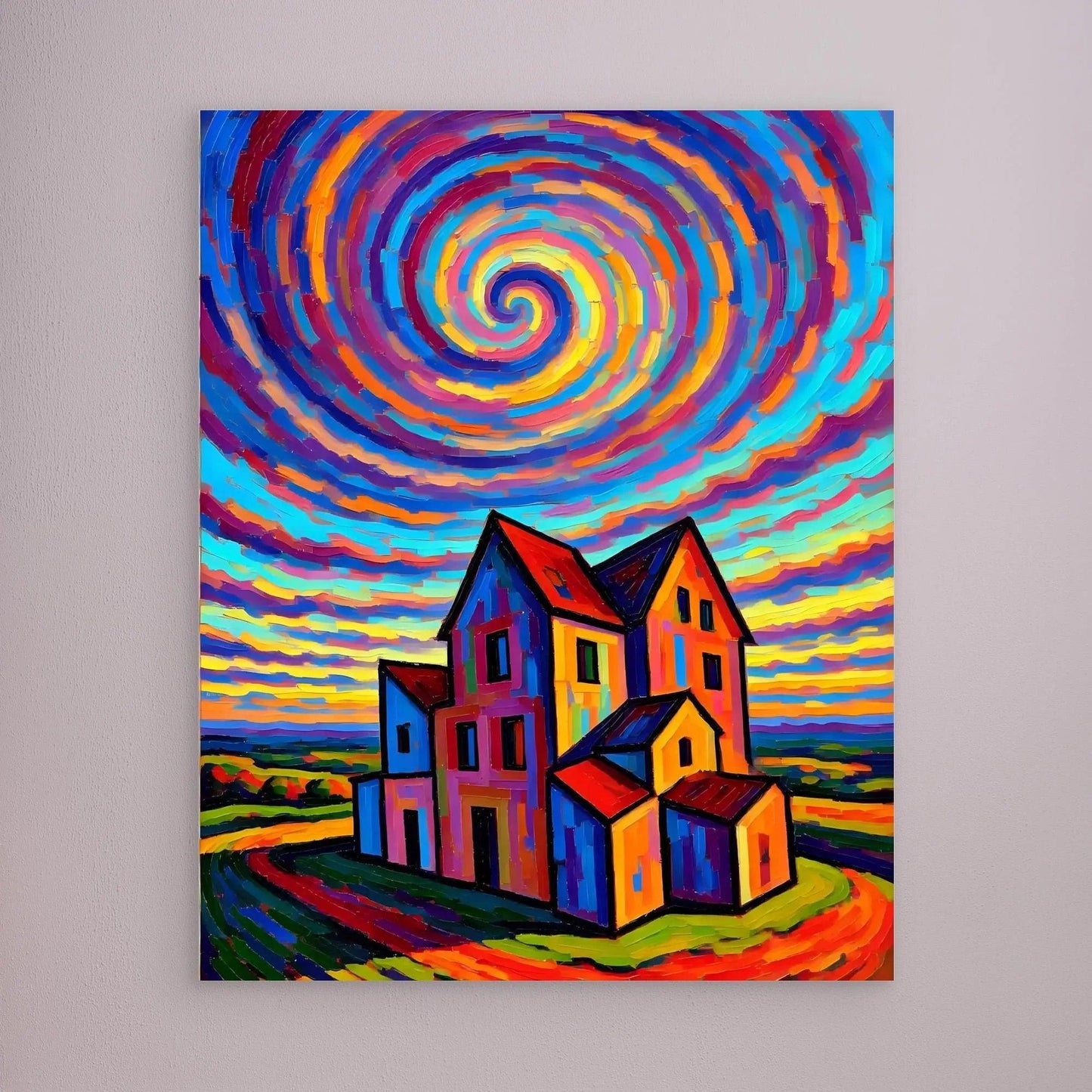 Framed wall art with colorful swirling sky and multi-color houses, white frame, close view