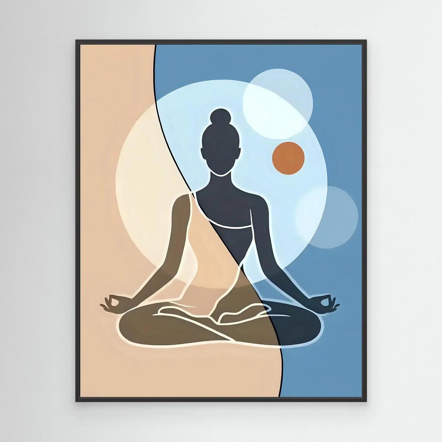 Black-framed wall art with seated female meditation silhouette on blue and beige abstract background