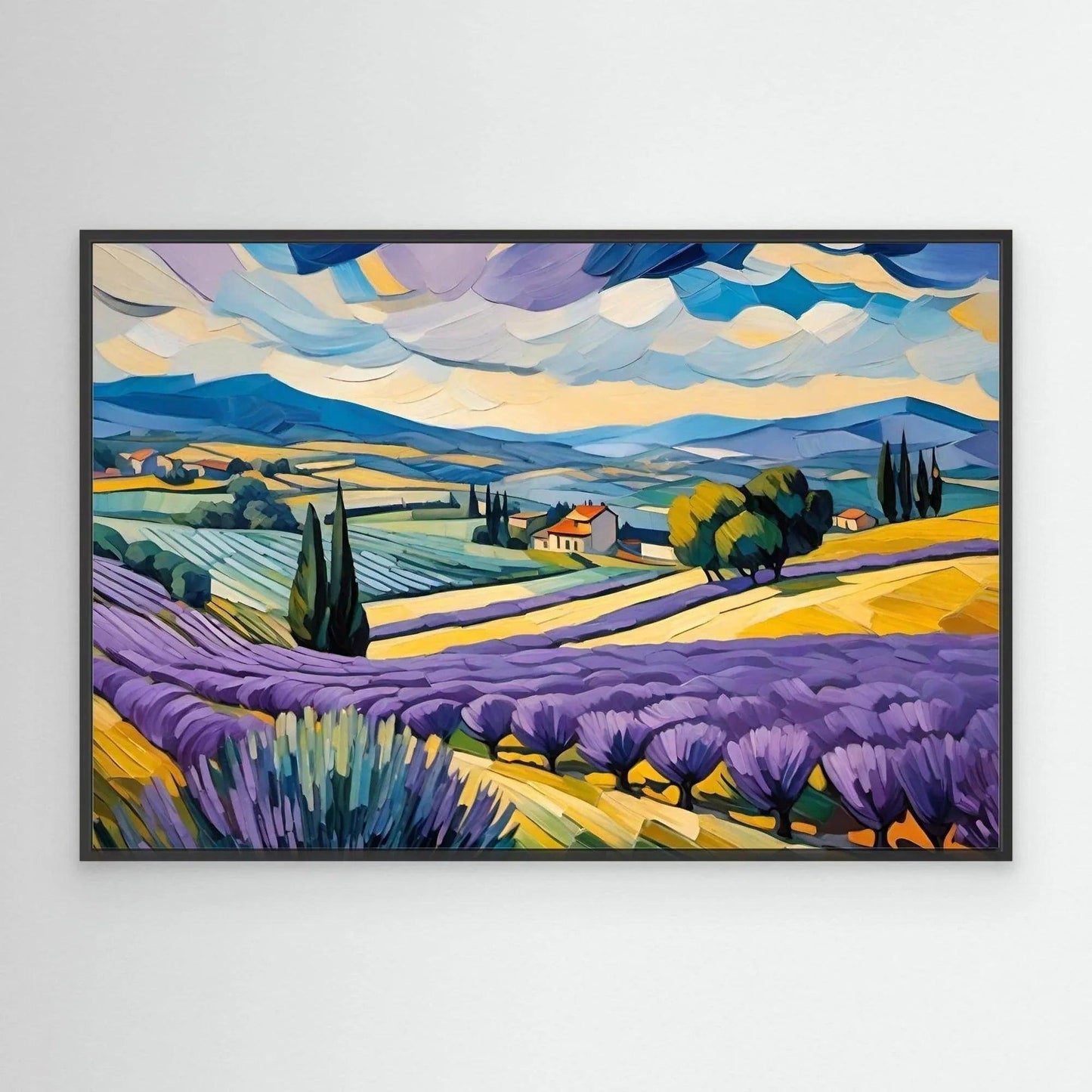 Lavender field landscape wall art with purple rows, yellow paths, and blue sky, black frame