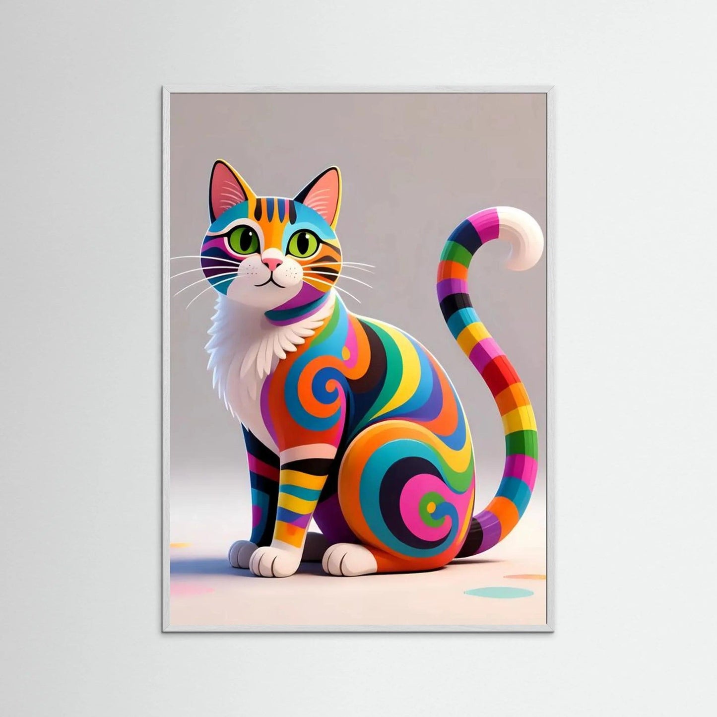 Framed colorful cat illustration with rainbow swirls and curled tail, gray frame.