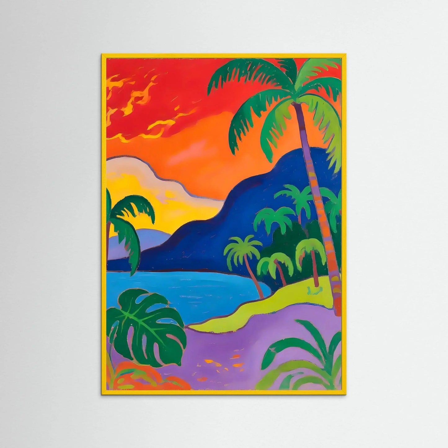 Square framed tropical beach scene print with palms, ocean waves, and orange sunset