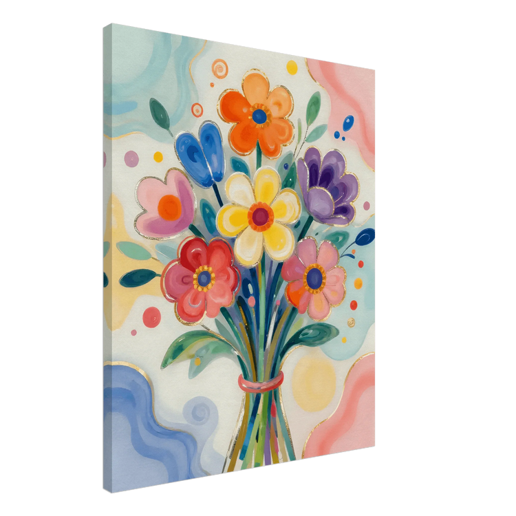 Colorful floral bouquet wall art in rectangular frame with blue, orange, yellow, and purple flowers
