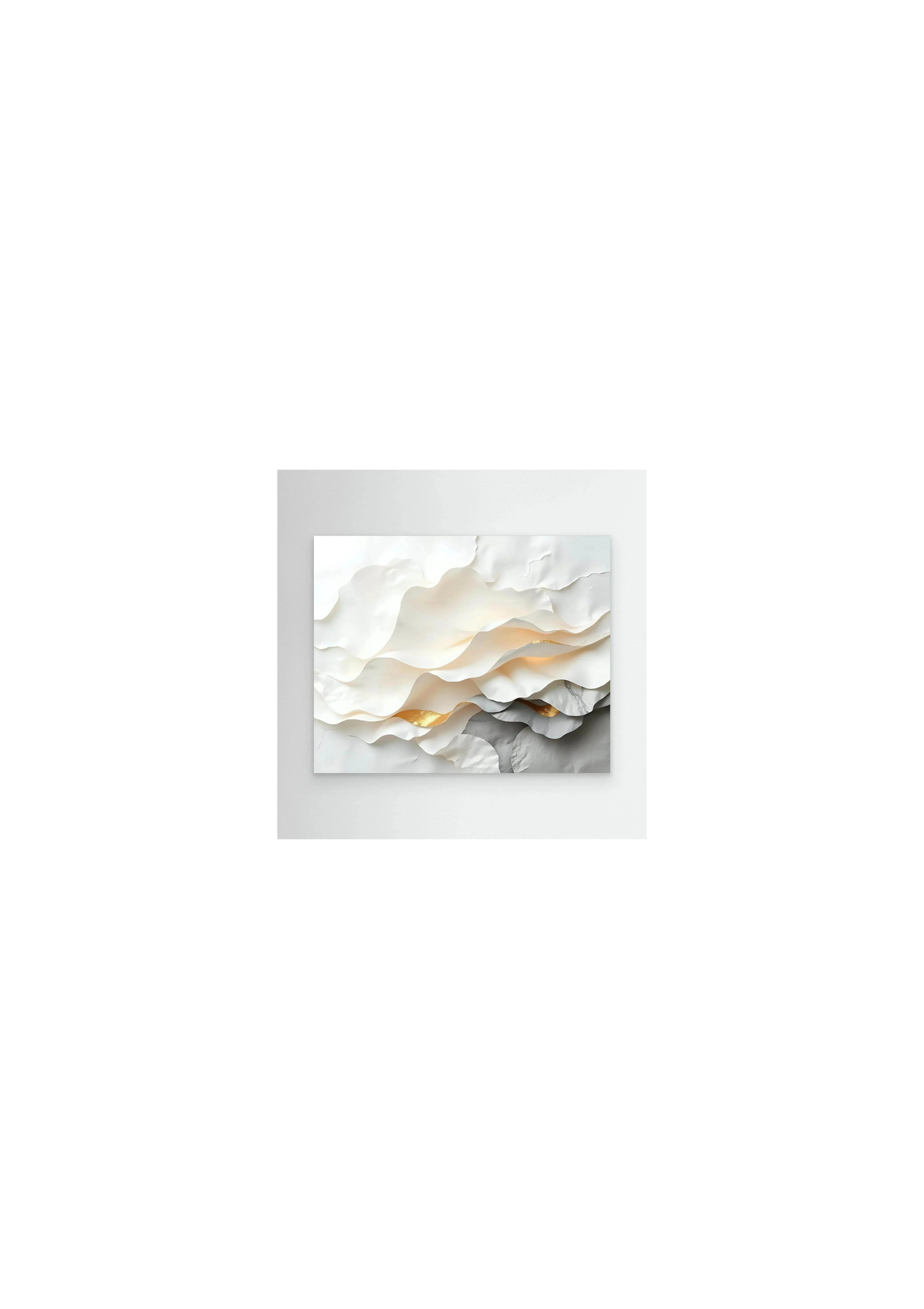 Abstract wall art print with white and gray waves and small gold highlights, no visible frame.
