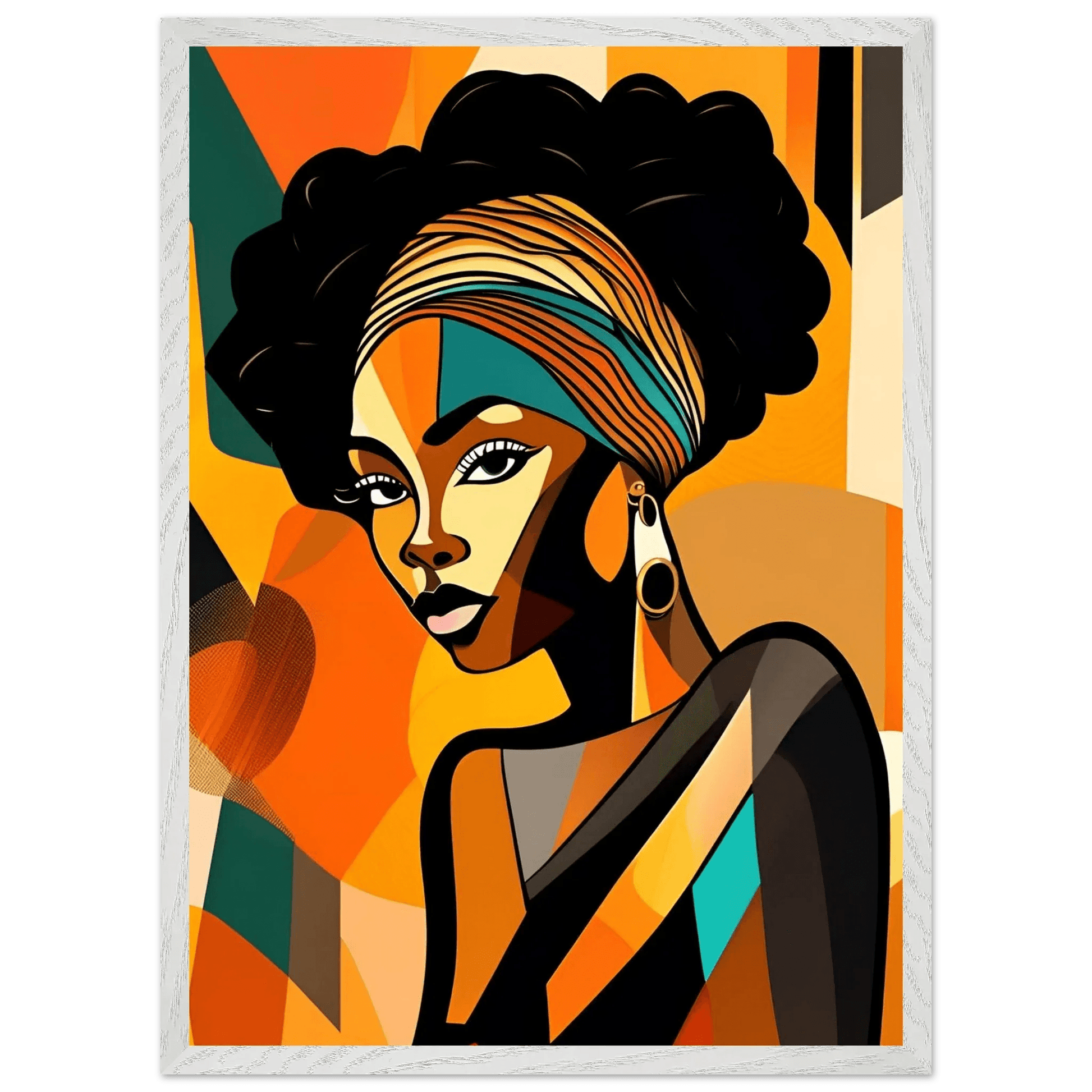 Framed portrait print of a woman with black curly hair, striped headwrap, hoop earrings and bright tones