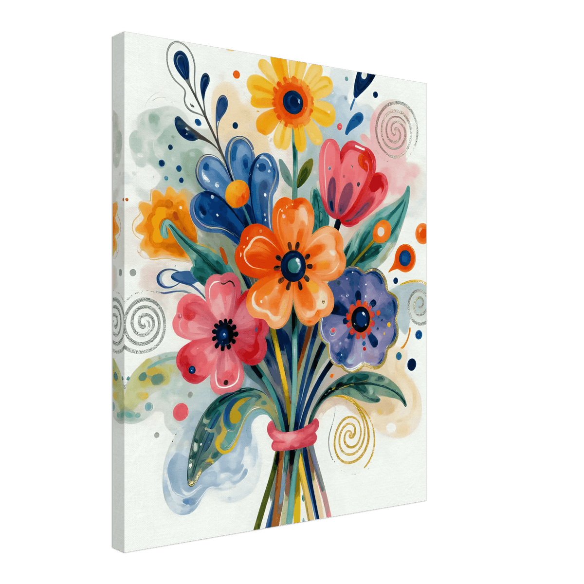 Abstract floral bouquet canvas with multicolor flowers and swirl details in blue and pink