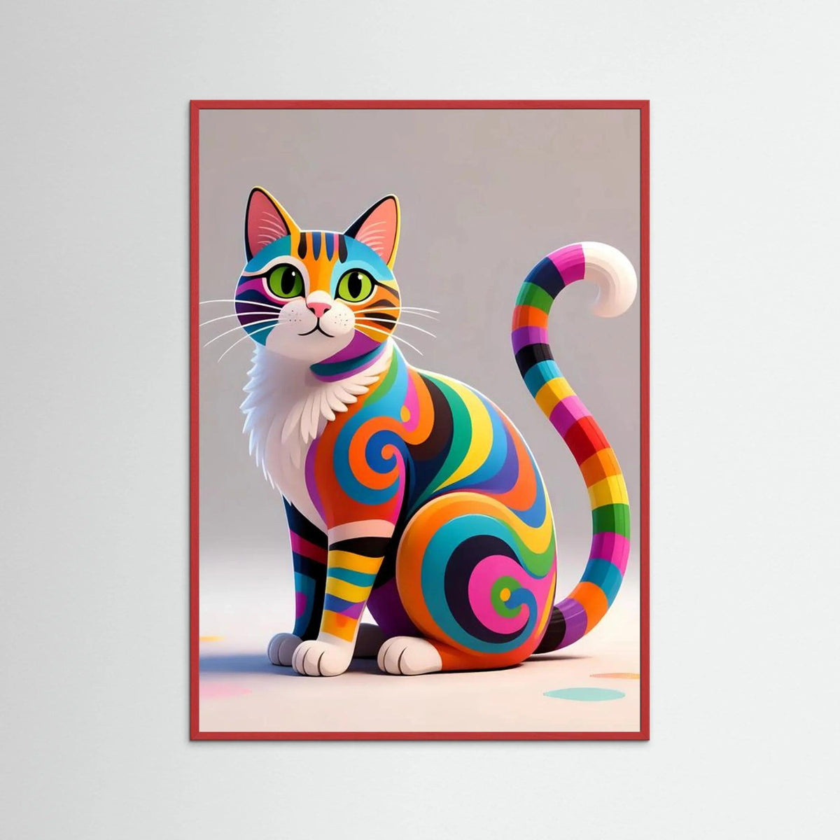Framed colorful cat illustration with rainbow swirls and curled tail, red frame.