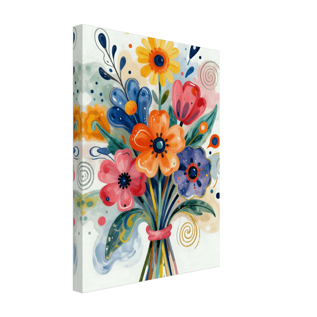 Abstract floral bouquet canvas, front view of colorful blue, orange, pink, and yellow blooms