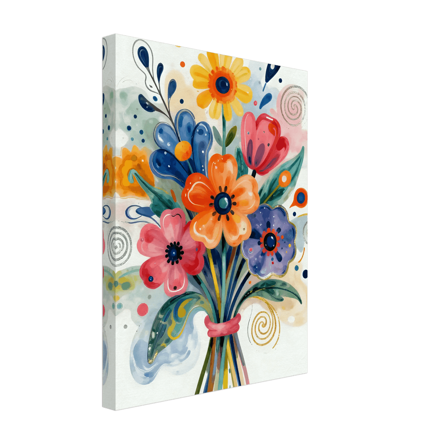 Abstract floral bouquet canvas, front view of colorful blue, orange, pink, and yellow blooms