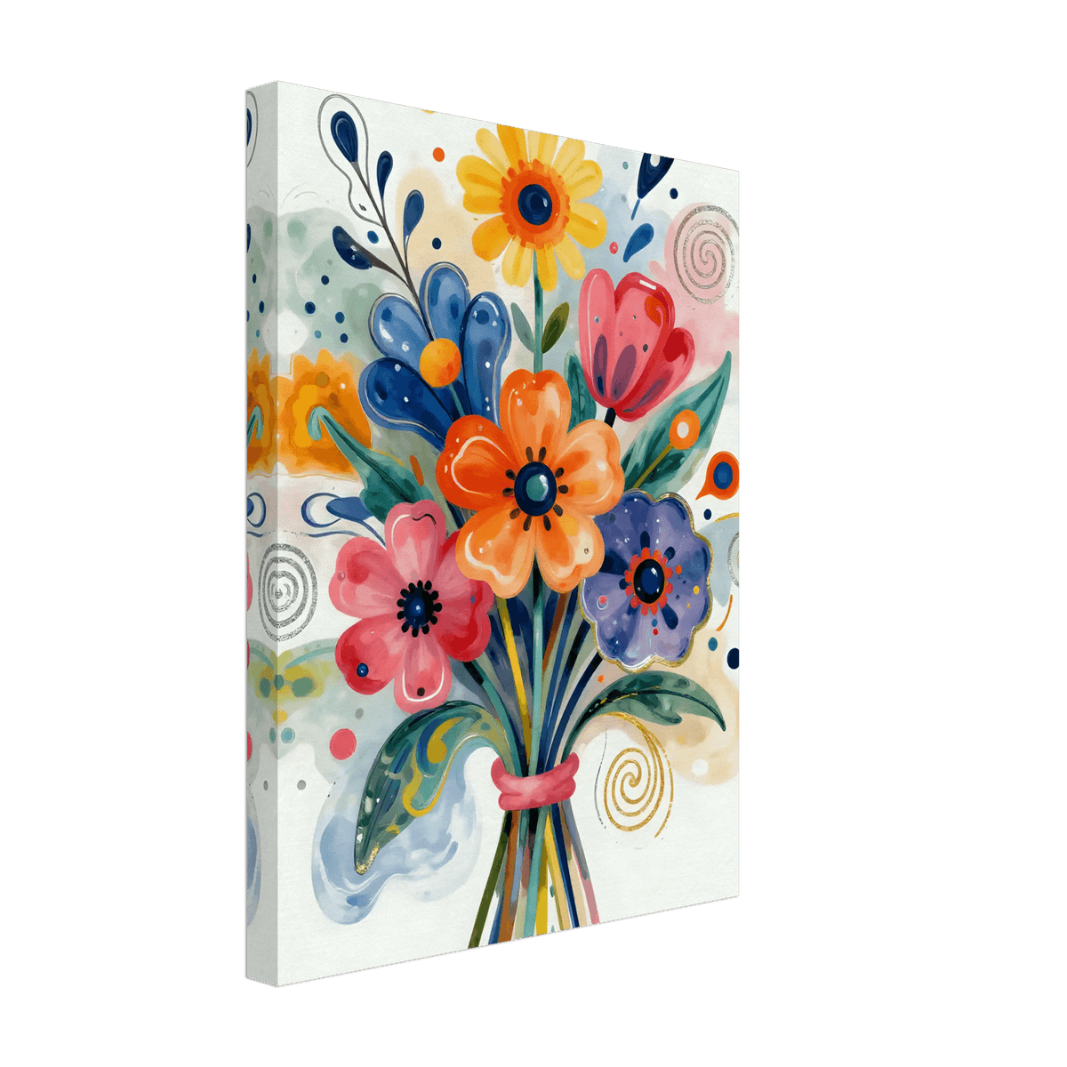 Abstract floral bouquet canvas, front view of colorful blue, orange, pink, and yellow blooms