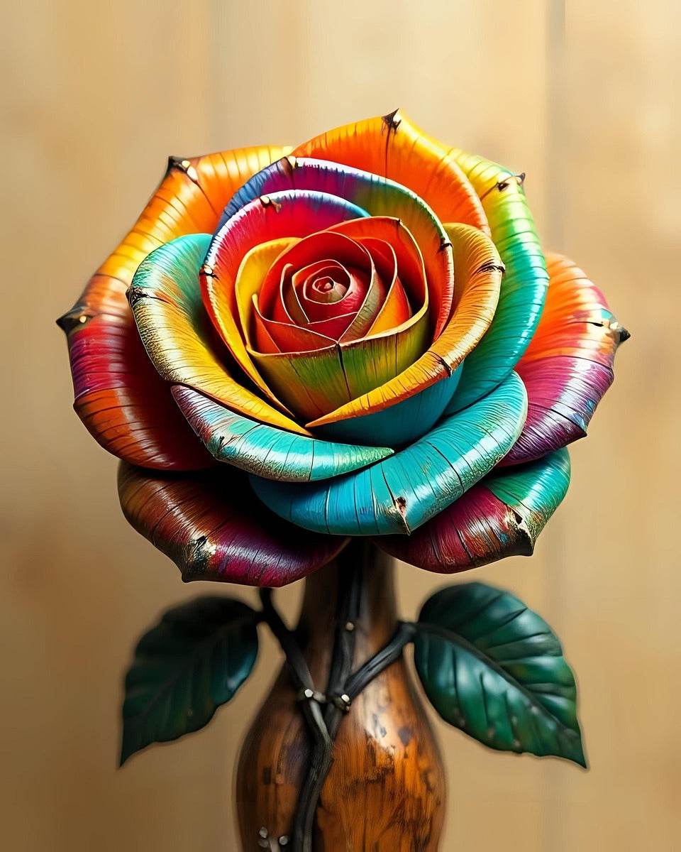 Close-up metallic rainbow rose wall art print with layered petals and green leaves