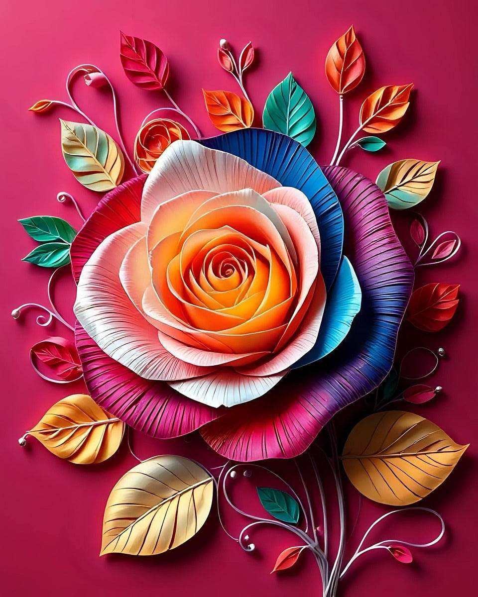 Close-up dimensional paper-quilled rose with orange center and layered blue-purple petal curls