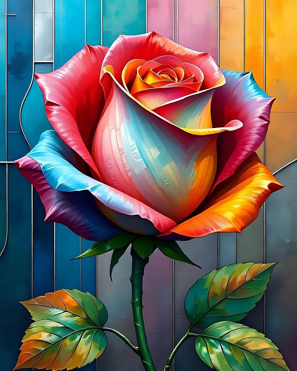 Close-up colorful stained-glass rose artwork with red, teal, and orange petals and green leaves