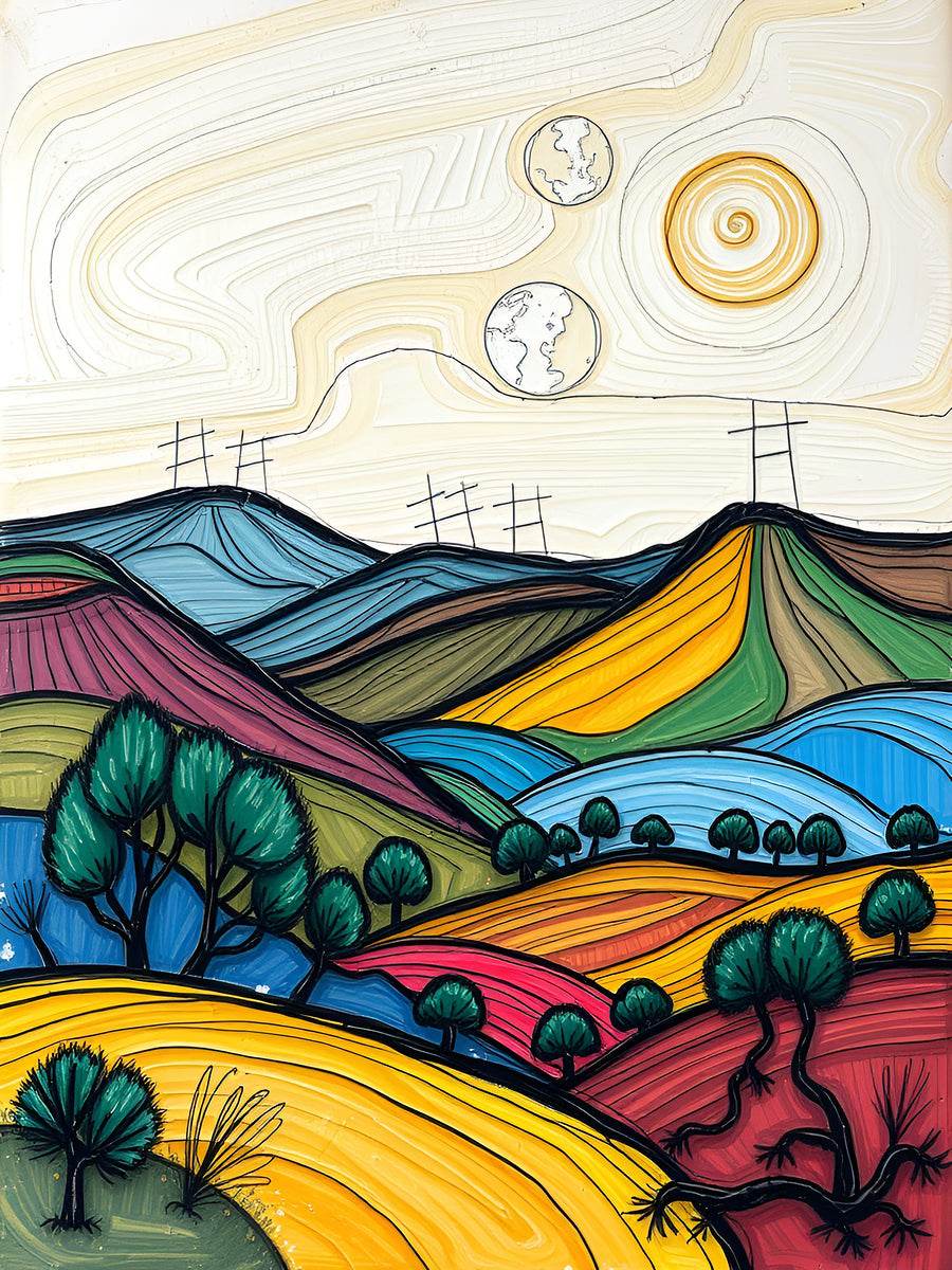 Colorful abstract landscape with rolling hills, spiral sun, and dark green trees