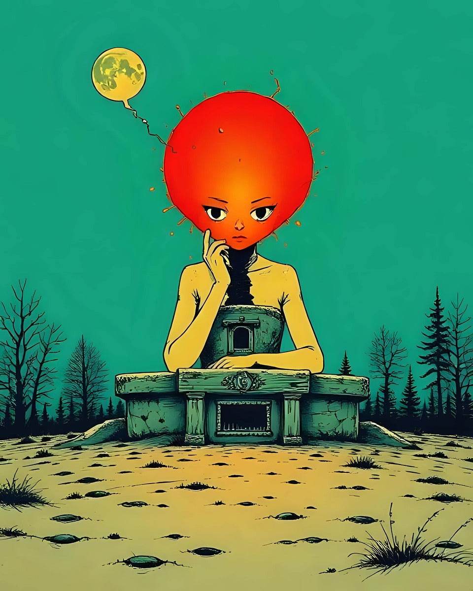 Surreal wall art print close-up of a red-headed child beside a green machine and planet