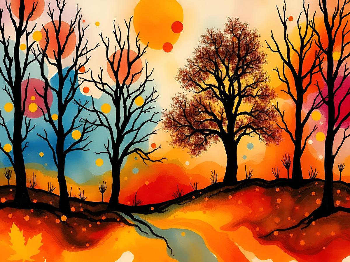 Autumn landscape wall art featuring right-side trees, orange sunset glow, and dark ground.