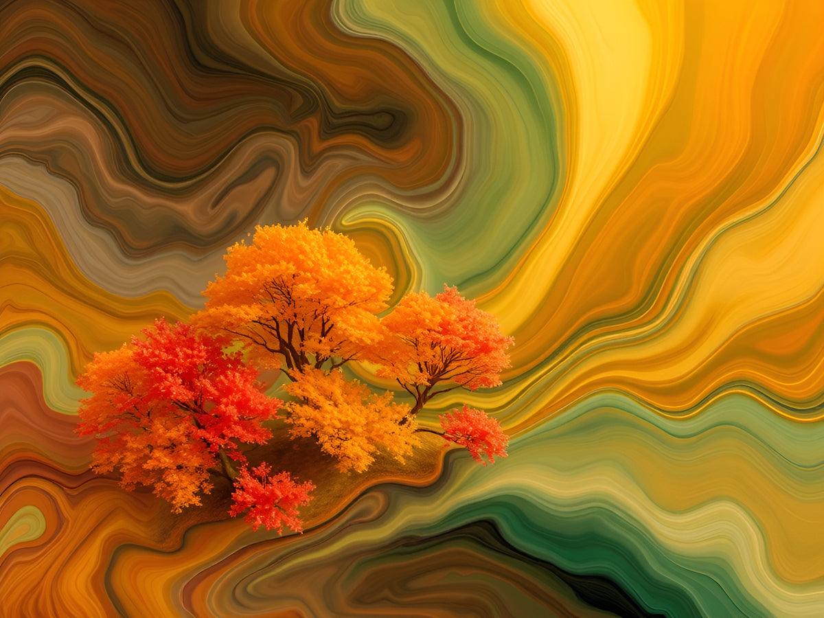 Centered autumn trees in swirling orange and green abstract wave patterns