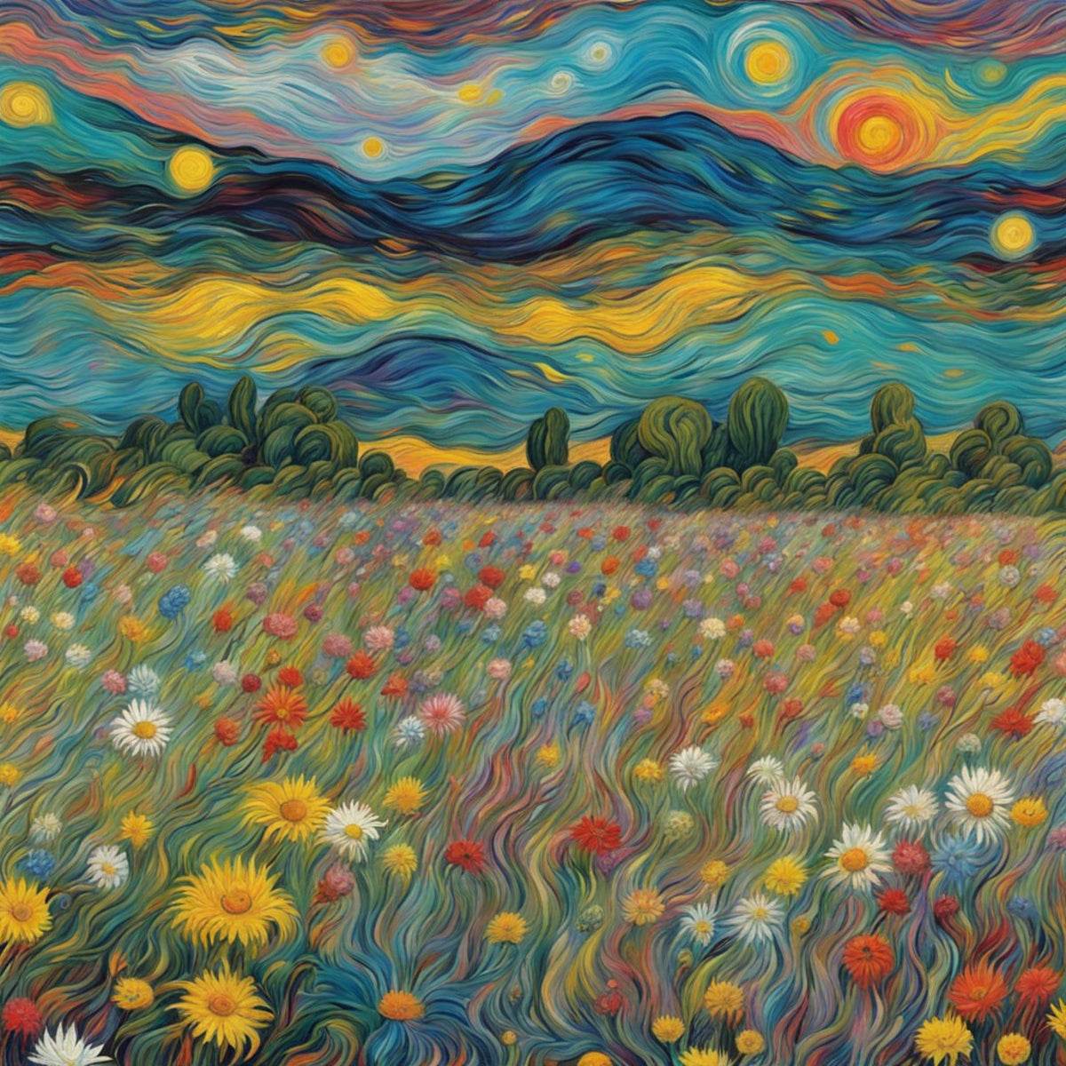 Close-up view of landscape wall art with swirled sky and bright wildflower meadow