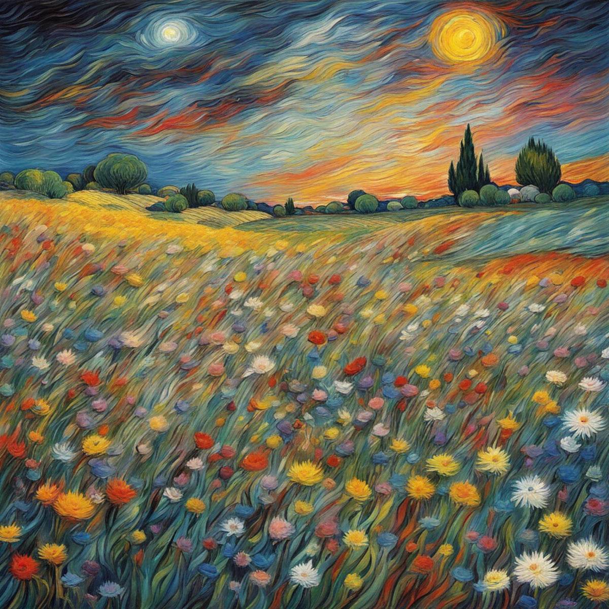 Landscape canvas print detail of a wildflower meadow with a bright sun on the horizon.