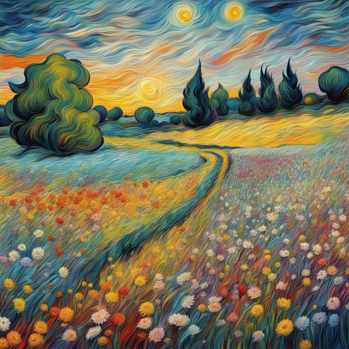 Close-up landscape wall art with swirling clouds, a winding path, and vivid wildflower blooms
