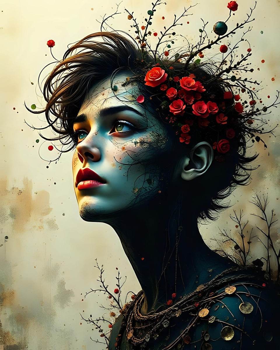 Close-up portrait artwork of a blue-skinned woman profile with red roses and dark branching