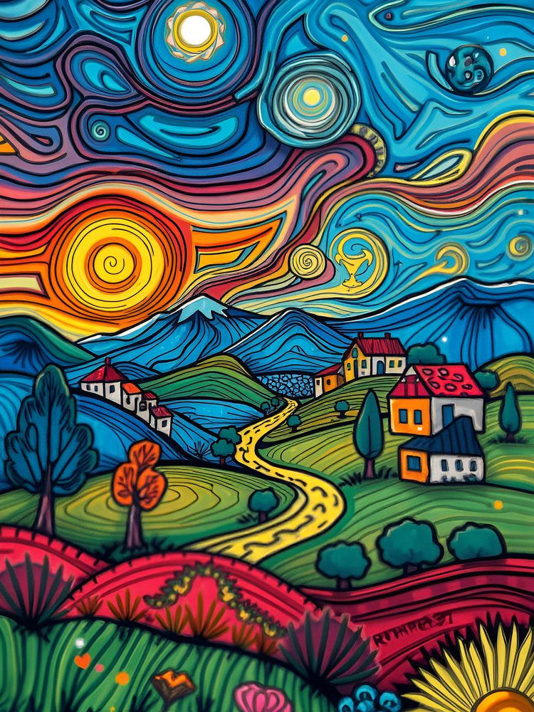 Colorful abstract countryside scene with houses, trees, winding road, and glowing spiral sun.