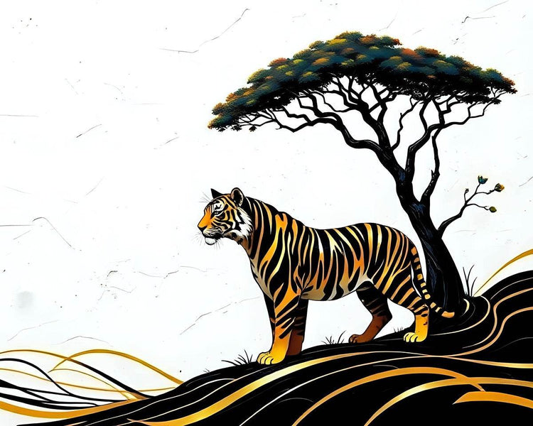 Safari tiger and savannah tree wall art with full waves and orange-gold highlights