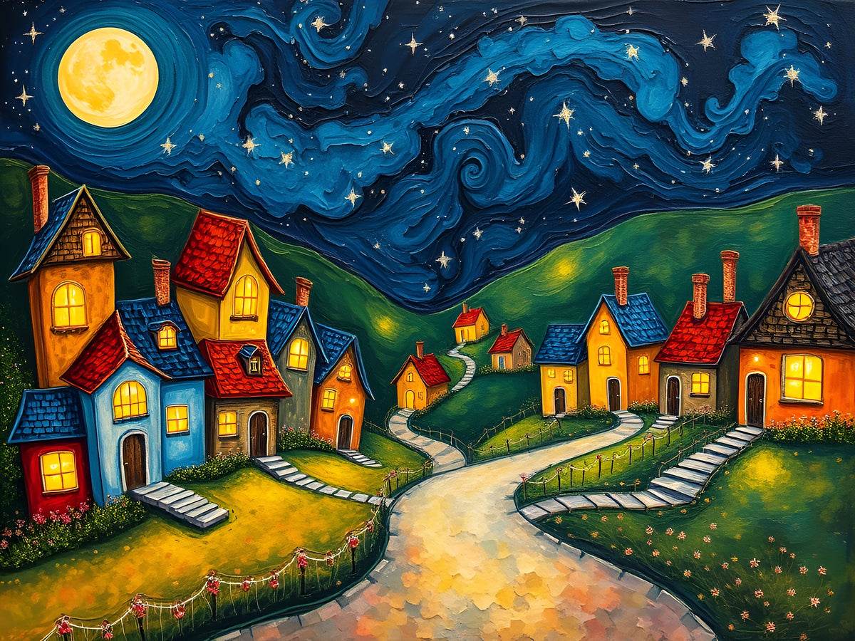 Dreamlike Village 4 - Post-Impressionist-Folk-Art-Nocturnal-Magical - Esmonbijouart 