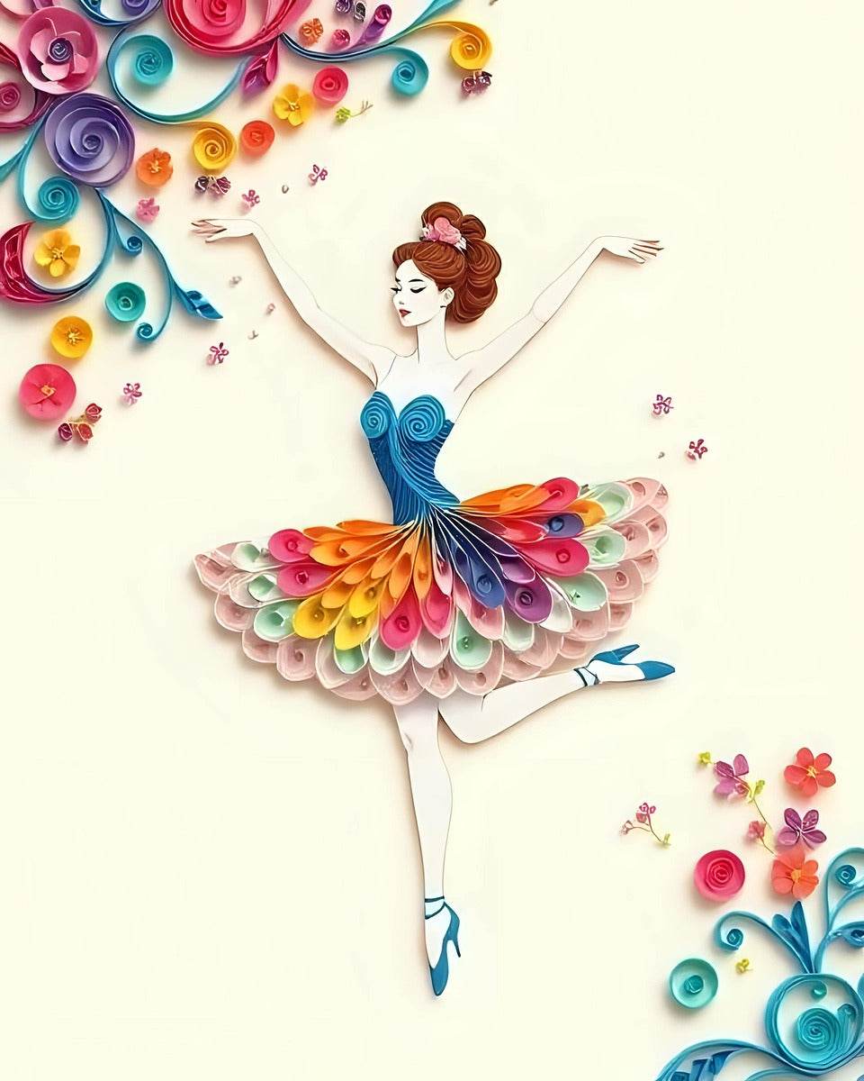 Quilled paper ballerina wall art close-up, blue tutu with curled colorful paper accents