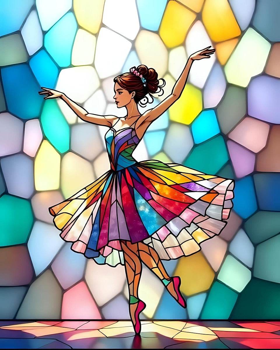Ballerina artwork with rainbow tutu and extended left arm, geometric cube background