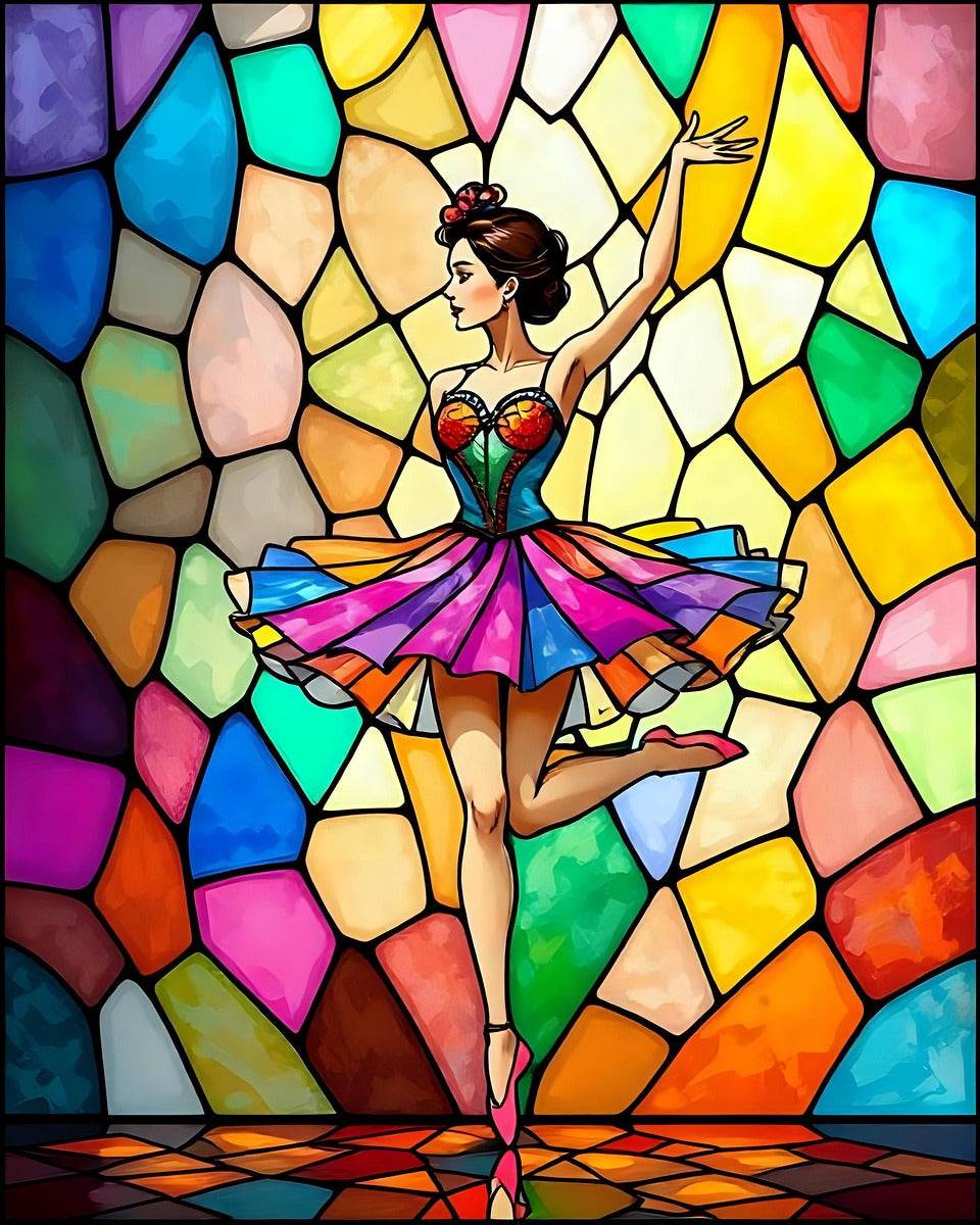 Close-up view of a ballerina figure in colorful stained-glass mosaic wall art.