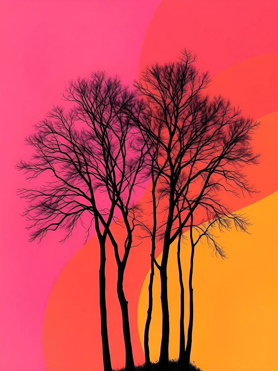 Tree silhouette sunset wall art with black branches over pink and orange gradient