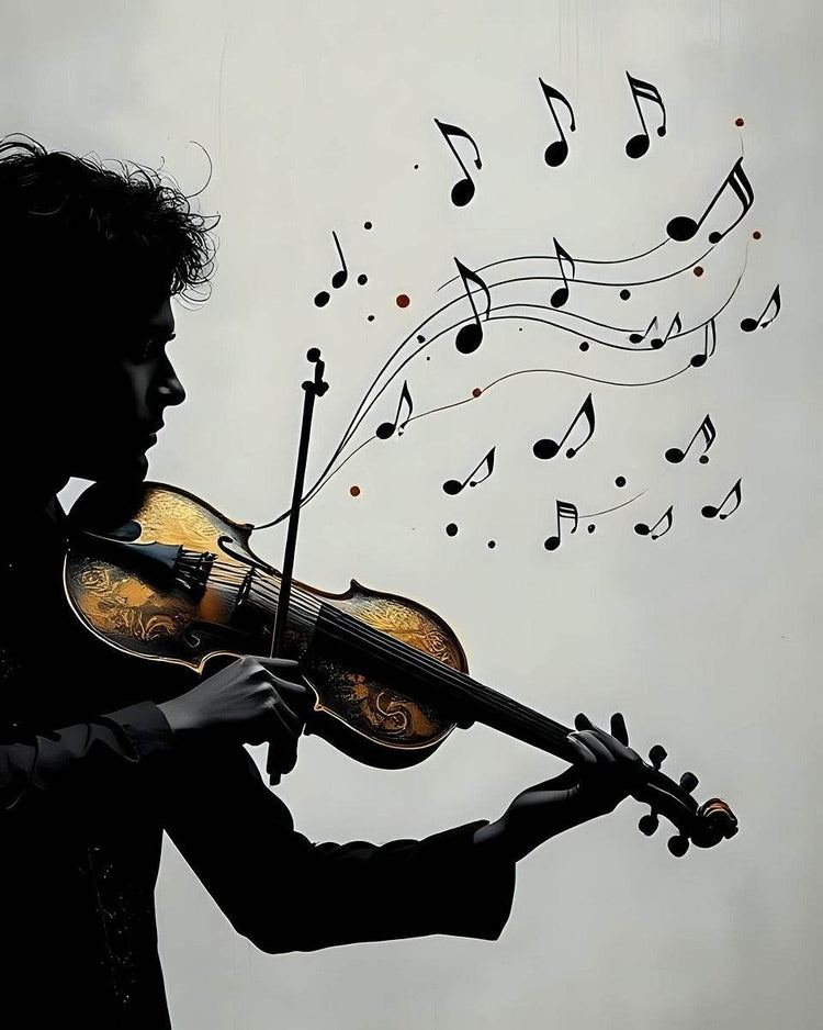 Black silhouette violinist holding a bow with floating music notes