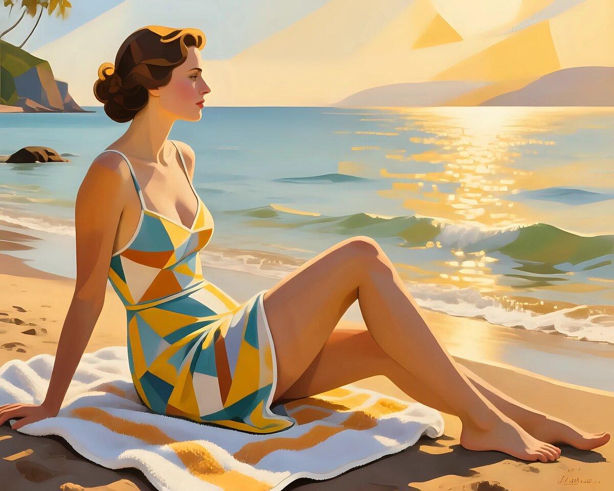 Close-up beach artwork: seated woman in colorful geometric one-piece swimsuit on a blanket