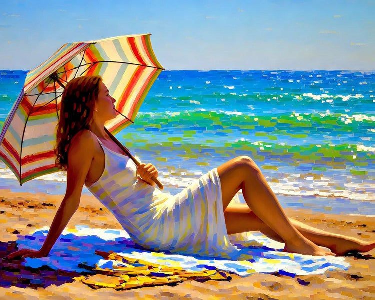Woman relaxing on beach art print, seated in a white dress holding a striped umbrella