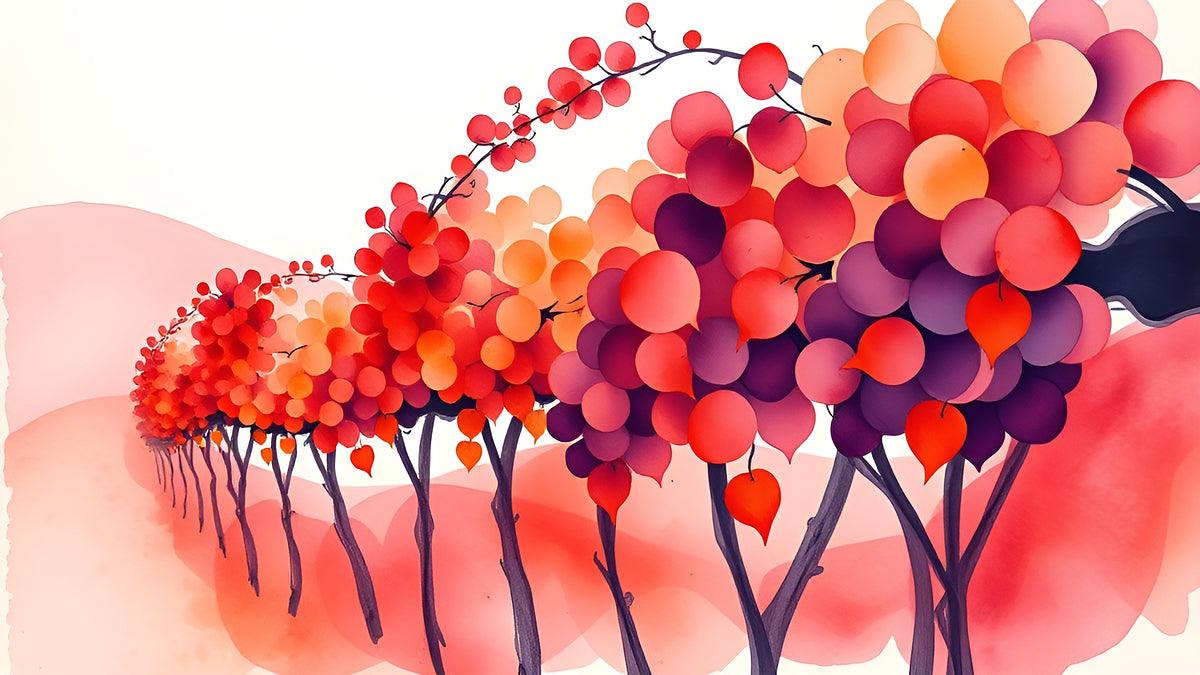 Watercolor tree wall art with two rounded bloom clusters in red and violet tones