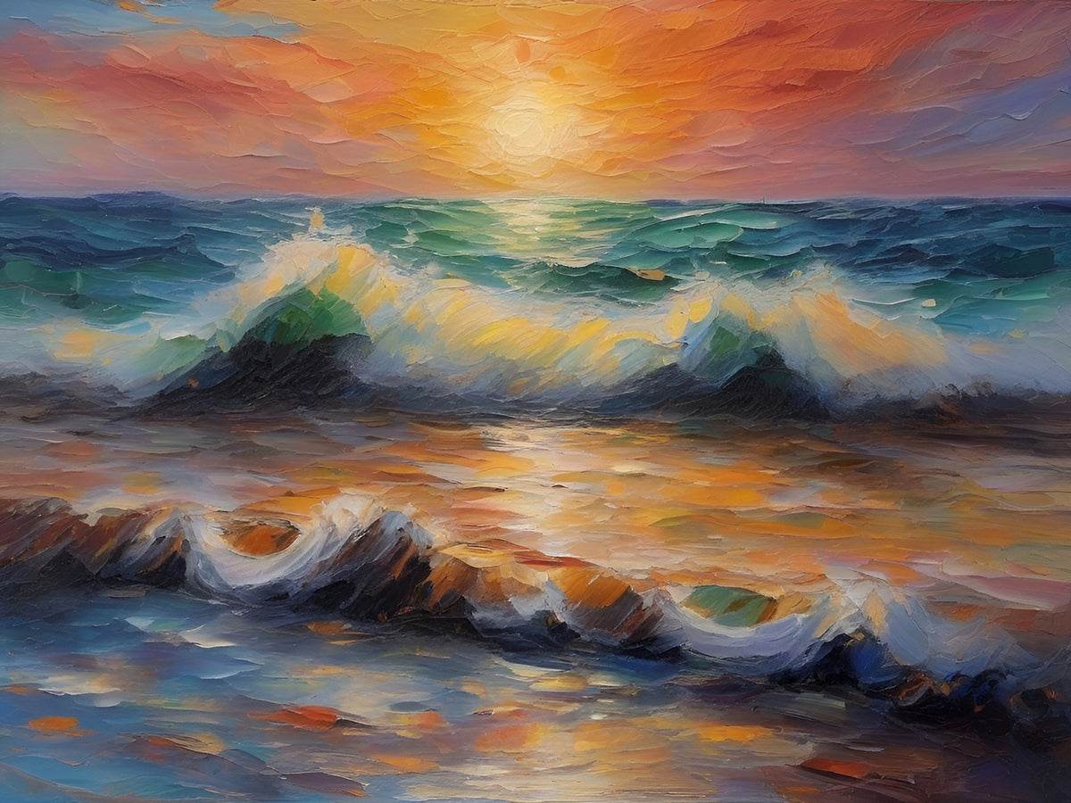 Abstract ocean seascape with orange sunset glow, dark rocks, and foamy surf texture