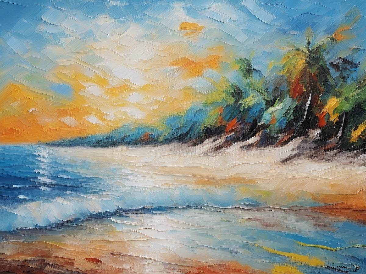 Textured seaside sunset print close-up with blue water, golden horizon, and palm-lined coast