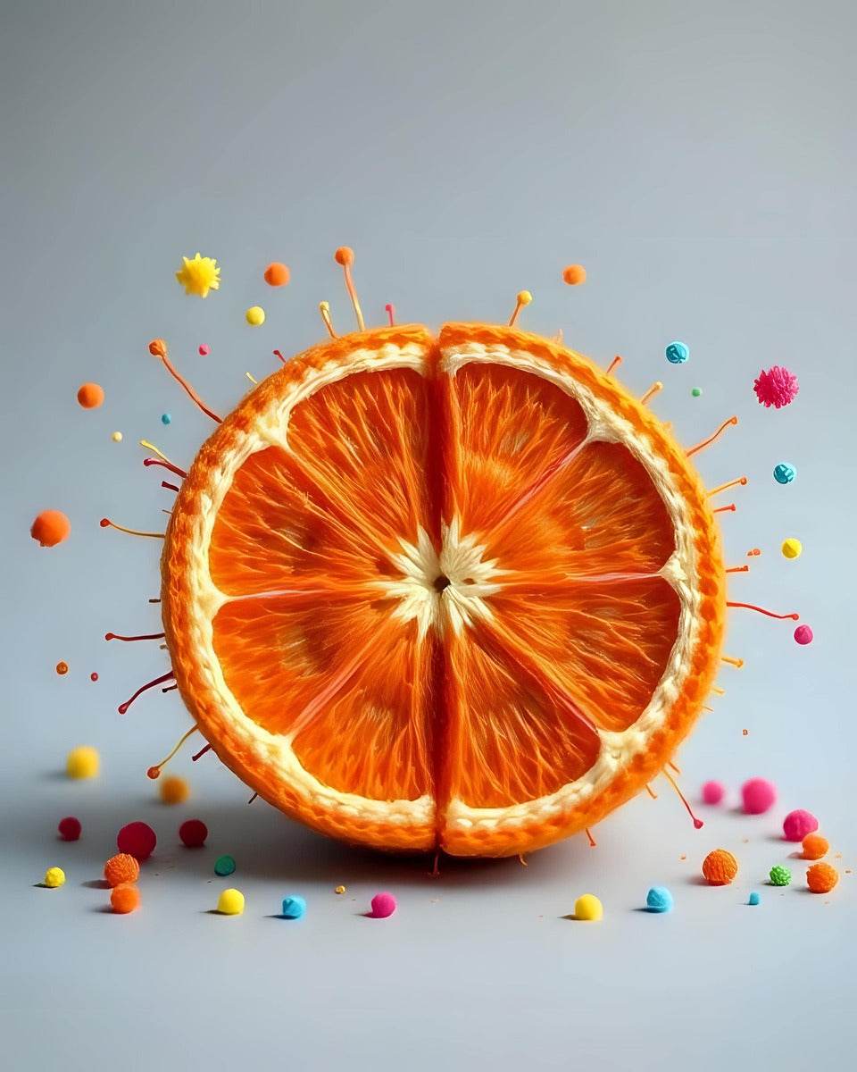 Front view artwork of orange citrus half with colorful dot splashes on blue