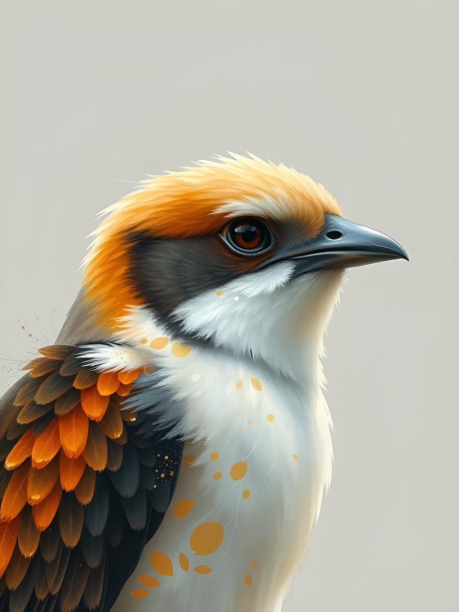 Colorful bird portrait with orange crest, black wing, and white neck feathers