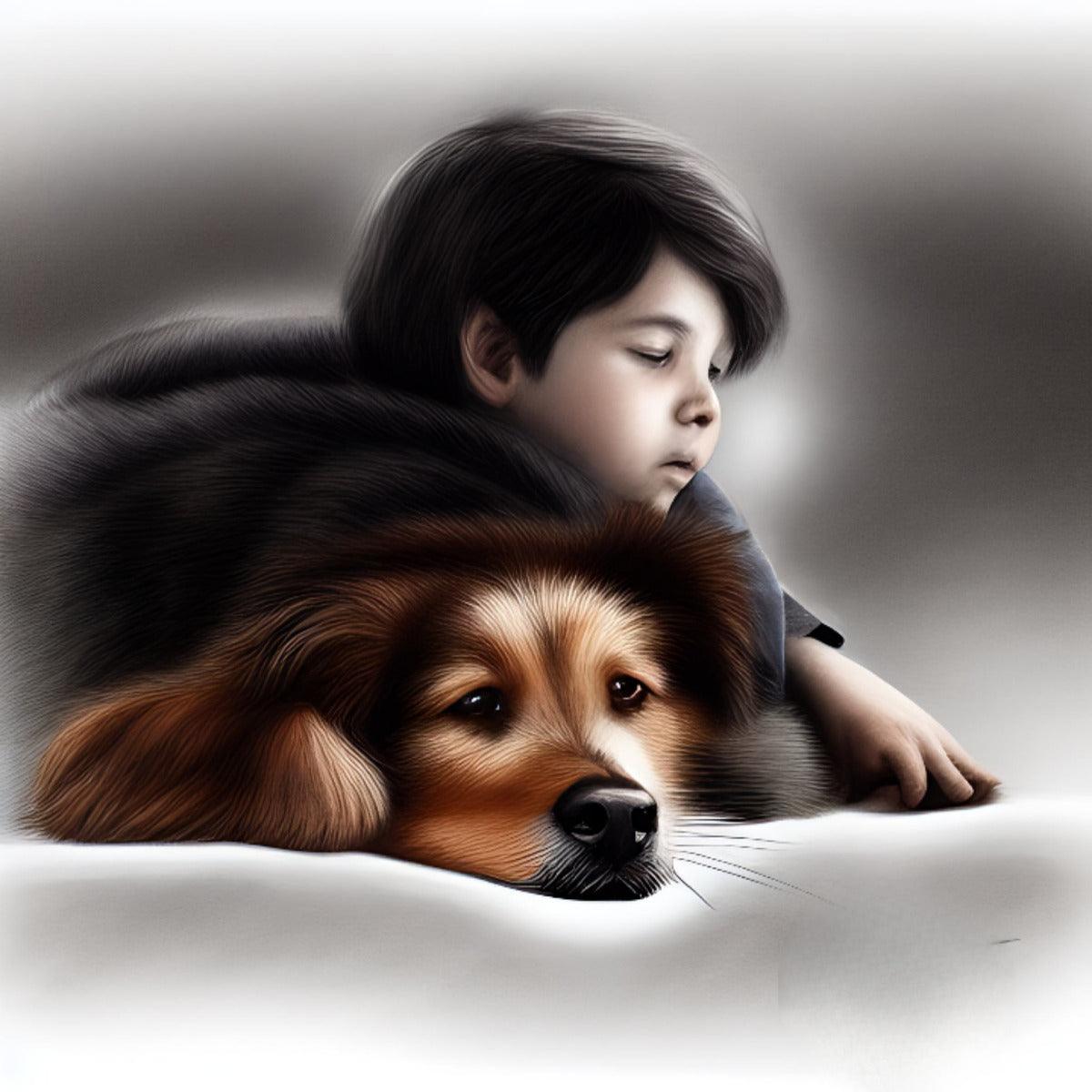 Dog and child cuddle portrait print; dog in foreground, child resting behind