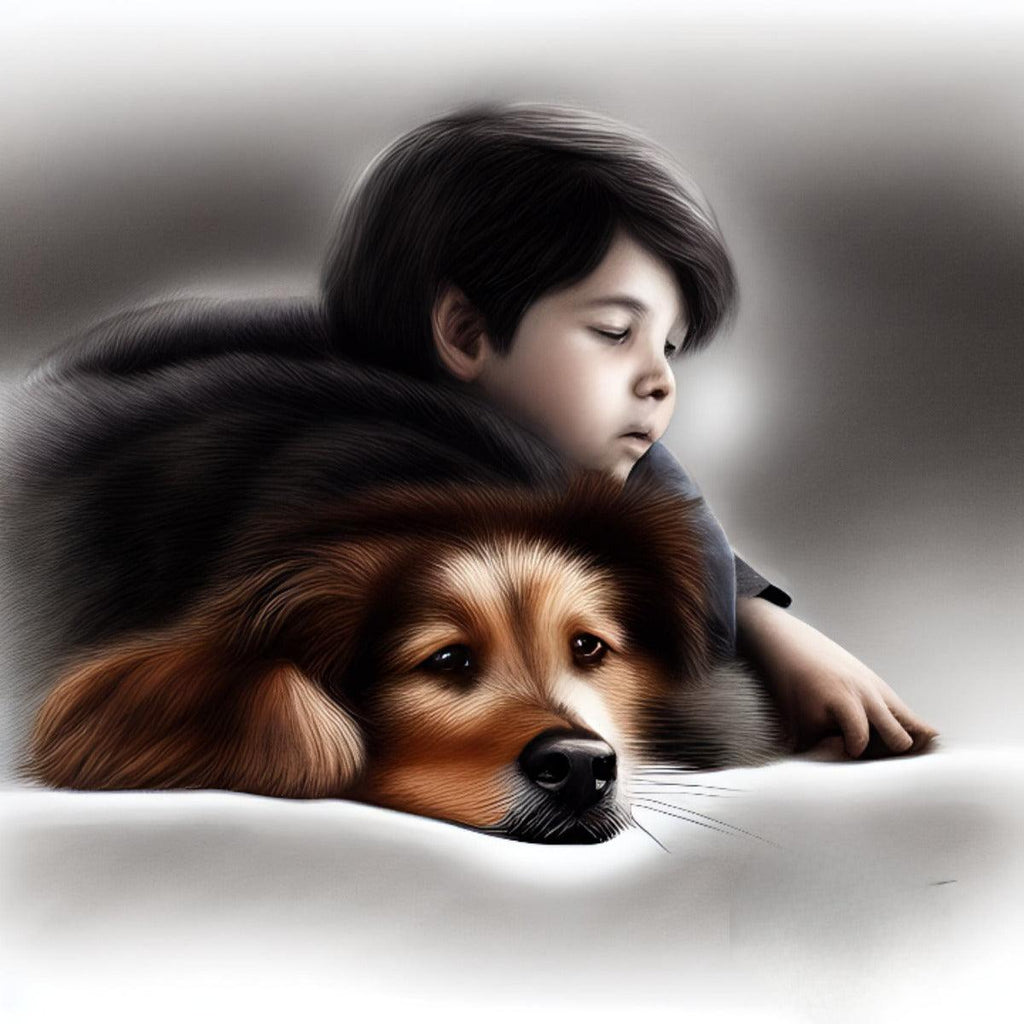Canvas print close-up of a child hugging a brown-and-black dog, soft gray tones