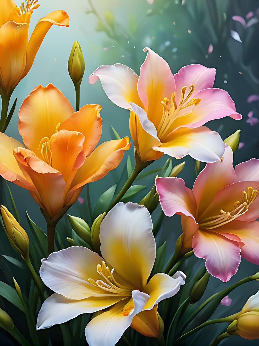 Orange and pastel tulip bouquet floral print with white and pink blossoms