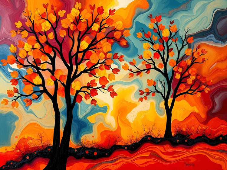 Abstract fall trees canvas artwork with colorful leaves, black trunks, and red-blue swirl clouds
