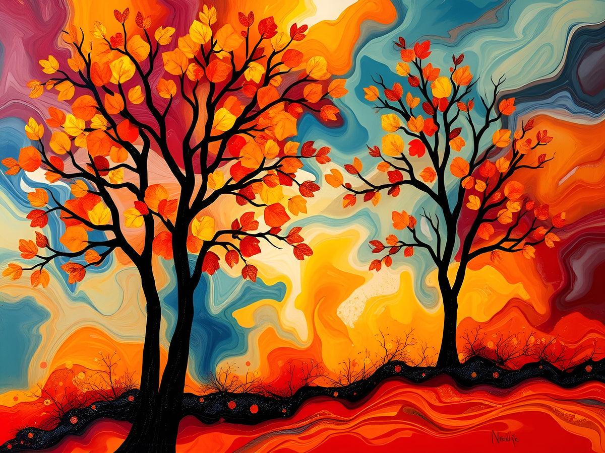 Abstract fall trees artwork with two black trunks, red river-like wave base, and blue-orange sky