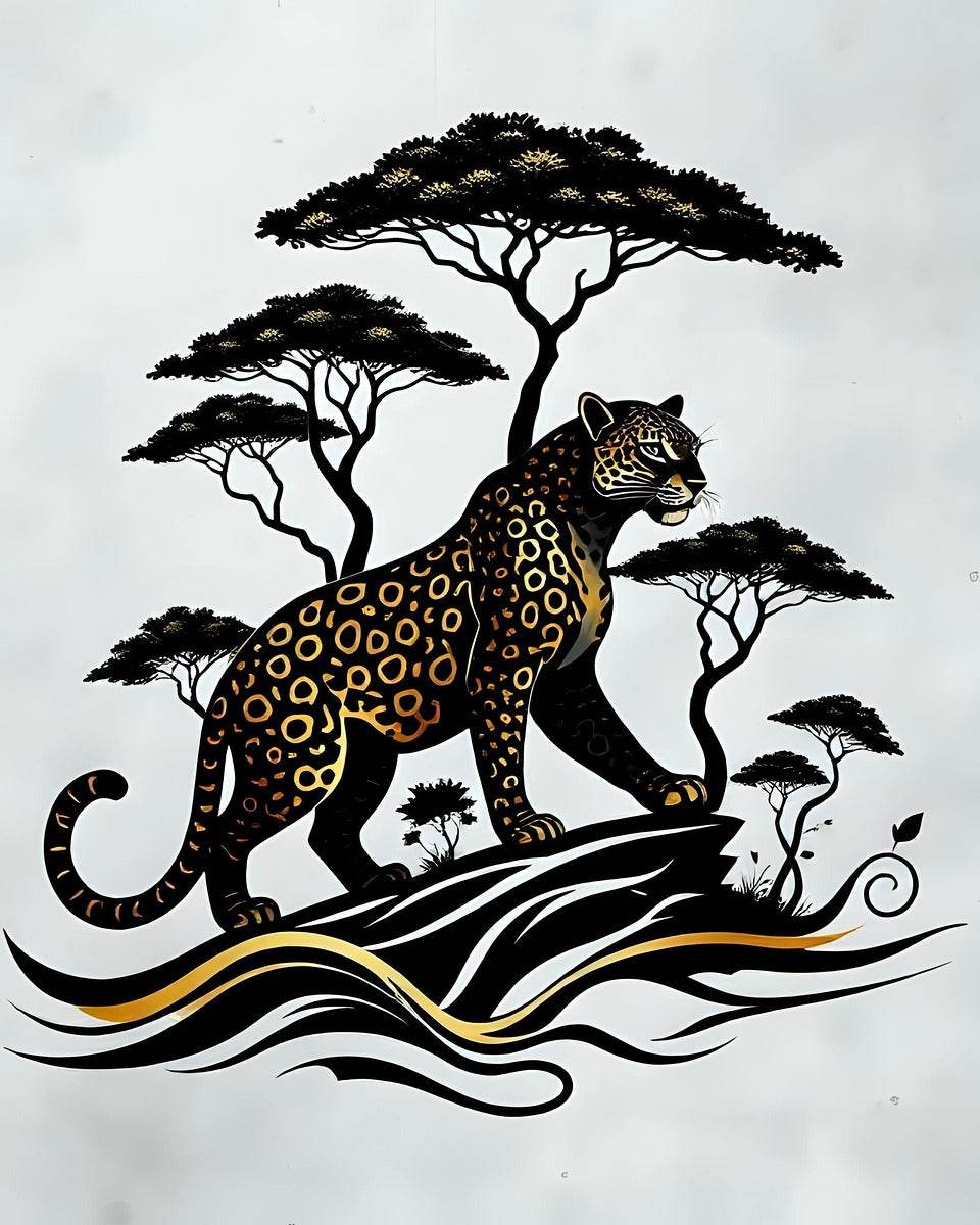 Leopard wall art print with black trees and gold-spotted leopard over flowing stripes