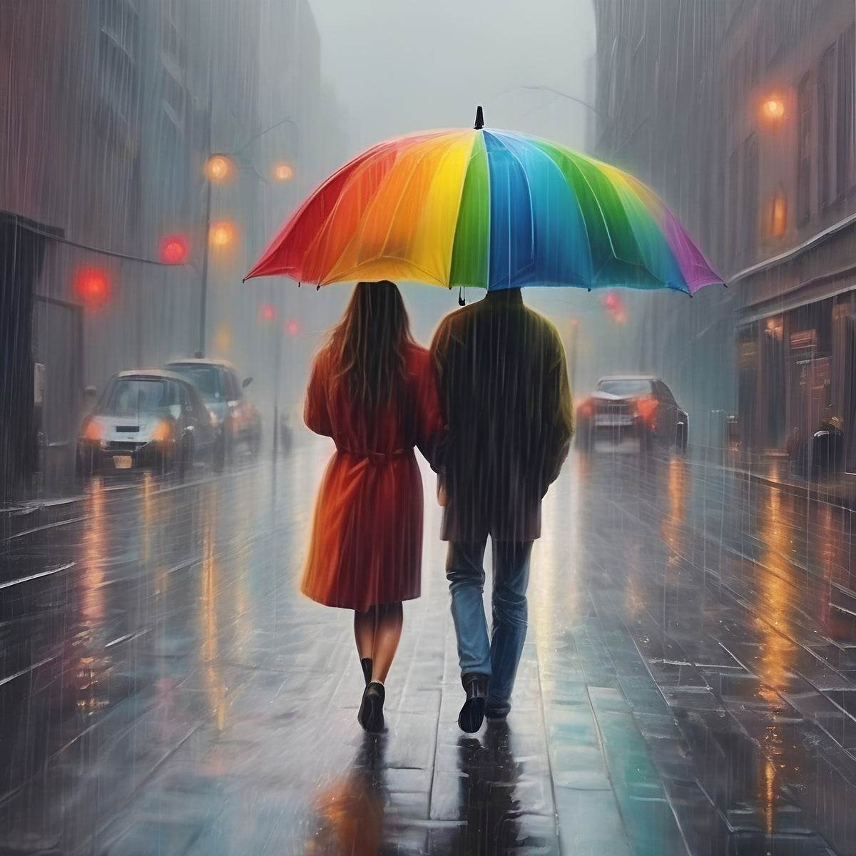 Rainbow umbrella couple artwork, woman in red dress and man in blue jeans holding the umbrella together